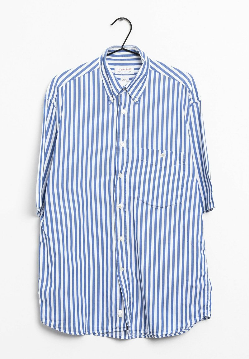 Chemise à rayures bleues et blanches à boutons, avec un col et des manches courtes, dotée d'une poche poitrine et d'un ourlet droit.
