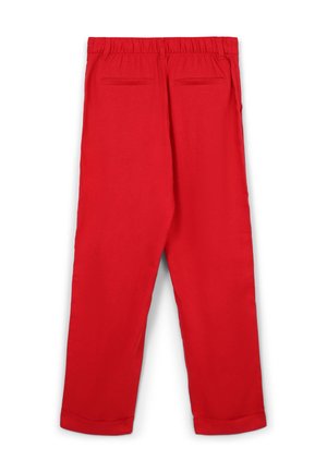 Rote, weit geschnittene Hose mit elastischem Bund, zwei Gesäßtaschen und umgeschlagenen Bündchen. Glatte Textur mit einfarbigem Design.