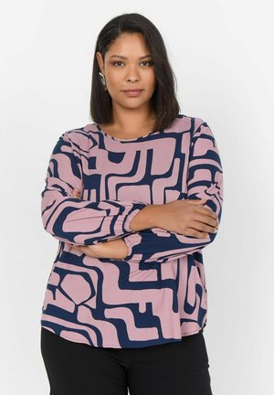 Long-sleeve blouse featuring a pink and navy abstract pattern, rounded neckline, and elastic cuffs. Lightweight, smooth fabric.