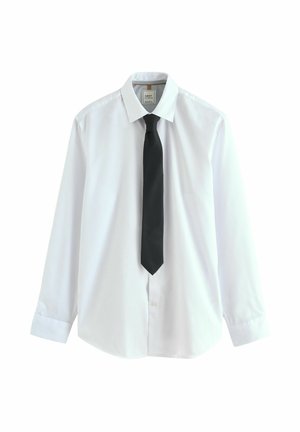 White button-up shirt with long sleeves, standard collar, paired with a black textured tie. Smooth fabric, classic design, no visible patterns.