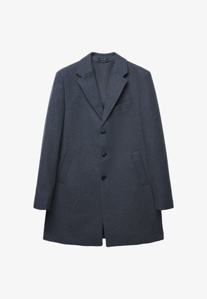 Dark gray wool coat with a notched lapel, single-breasted design, and three front buttons. Features side pockets and a textured surface.