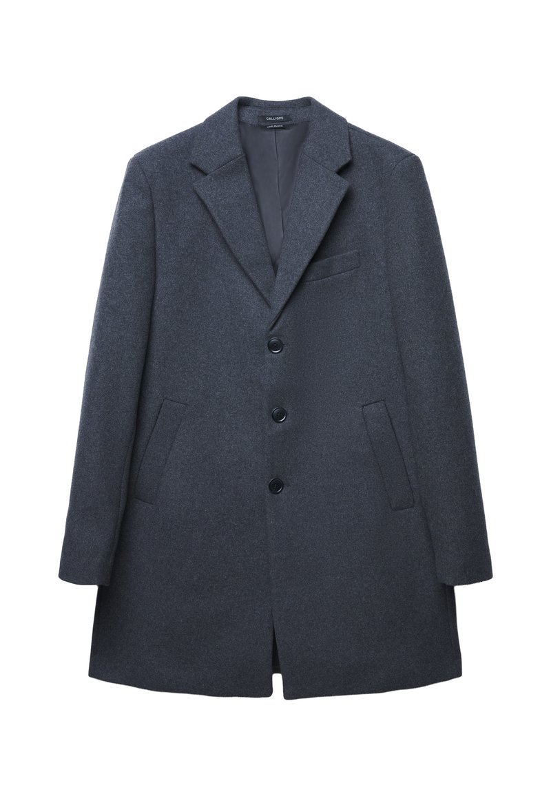 Cappotto in lana grigio scuro con rever a punta, design monopetto e tre bottoni frontali. Presenta tasche laterali e una superficie testurizzata.