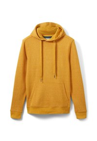 Sweat à capuche jaune moutarde avec poche kangourou à l'avant et cordons, manches longues, poignets et ourlet côtelés.