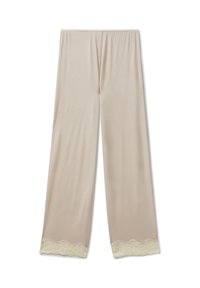 Béžové kalhoty volného střihu vyrobené z měkké látky, s krajkovým lemováním na okraji pro dodatečný detail. Elastický pas pro pohodlí.