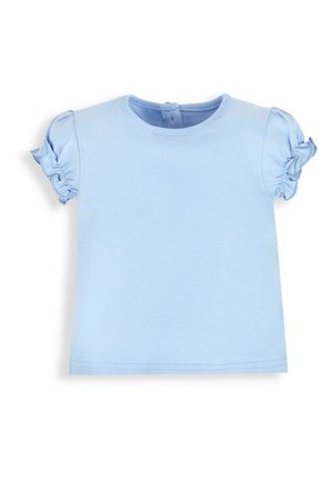 T-shirt bleu clair à manches courtes avec des détails froncés sur les manches et un col rond. Fabriqué en tissu en coton doux et extensible.
