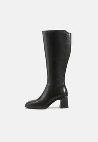 Black leather knee-high boot with a square block heel. Smooth texture, fitted design, minimal stitching detail, and rounded toe.