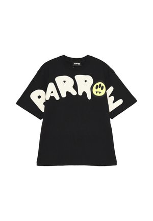 T-shirt nera in cotone con maniche corte, caratterizzata da una grande scritta bianca "PARROW" e un grafichetto di una faccina sorridente verde. Tessuto morbido e vestibilità rilassata.