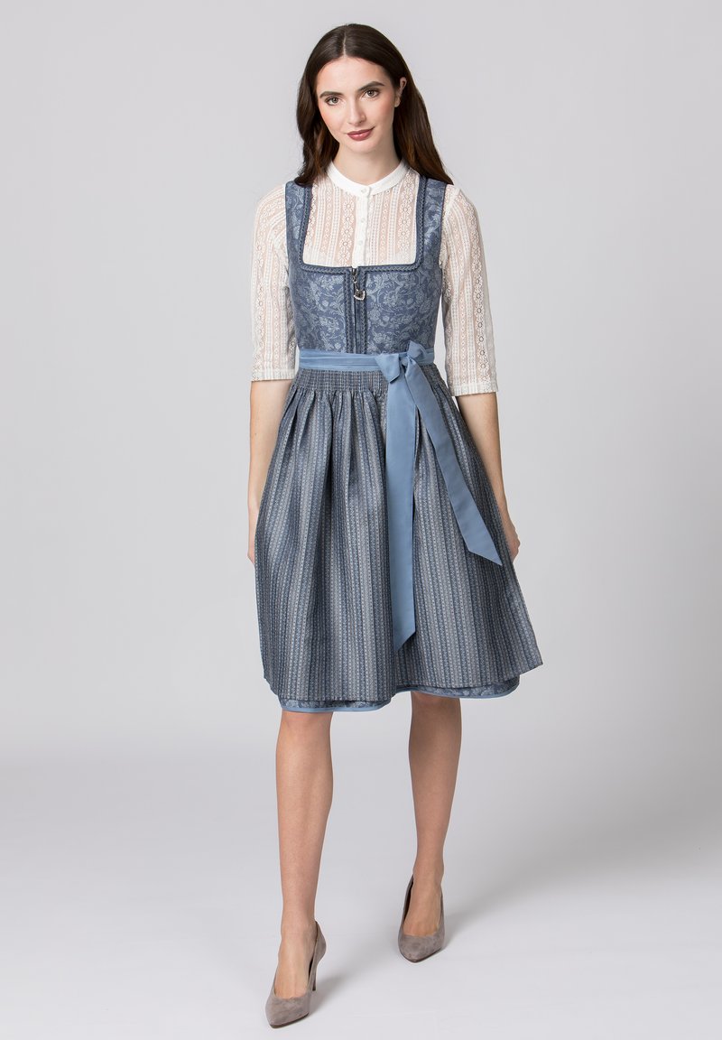 Blaues Kleid mit gemustertem Rock, Spitzenoberteil, quadratischem Ausschnitt und Bandbindet. Strukturierter Stoff, knielang und taillierte Passform.