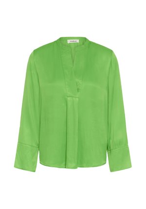 Zöld hosszú ujjú blúz álló gallérral, V-alakú nyakkivágással és széles mandzsettákkal, sima, fényes anyagból készült.
