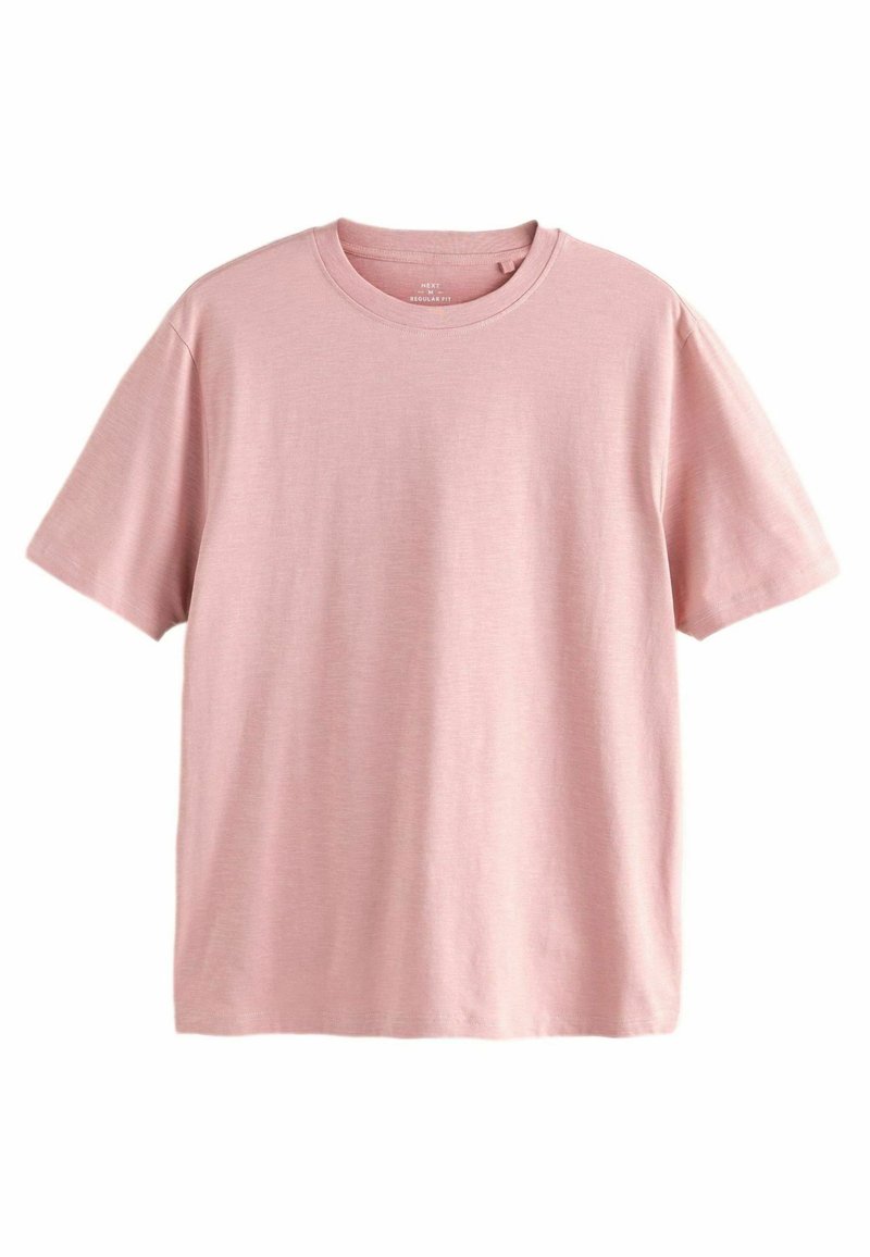 Lyserød t-shirt med korte ærmer, normal pasform, rund hals, lavet af blødt stof, har en glat tekstur, ingen synlige mønstre eller accenter.