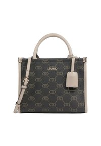 Zwart en beige gestructureerde handtas met reliëflogo-patroon, gladleren accenten, dubbele bovenhandvatten en afneembare schouderriem.