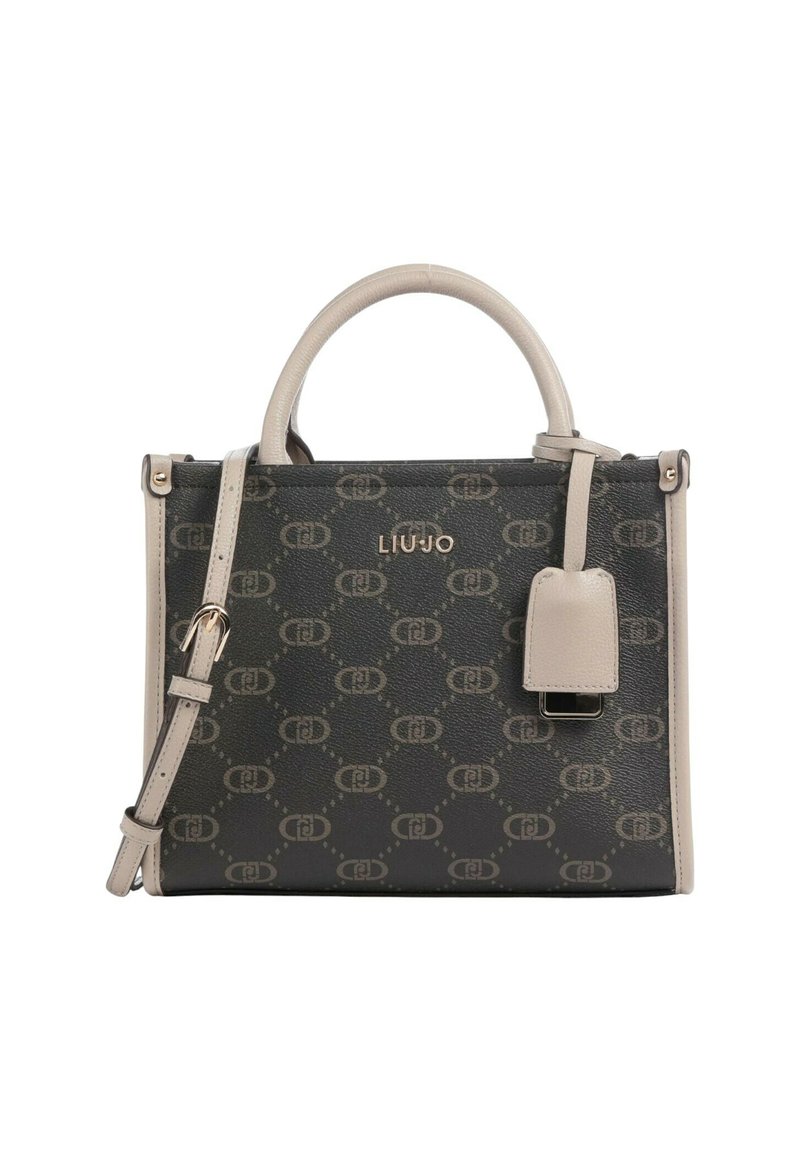 Zwart en beige gestructureerde handtas met reliëflogo-patroon, gladleren accenten, dubbele bovenhandvatten en afneembare schouderriem.