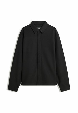 Black long-sleeve shirt jacket with a pointed collar, front placket, and a smooth texture. Relaxed fit with dropped shoulders.