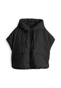 Veste matelassée noire à capuche, avec une fermeture éclair à l'avant, deux poches latérales et une coupe ample avec des manches larges.