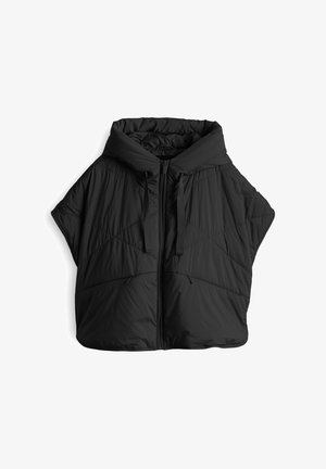 Schwarze steppbare Daunenjacke mit Kapuze, ausgestattet mit einem Frontreißverschluss, zwei seitlichen Taschen und einem locker sitzenden Design mit weiten Ärmeln.