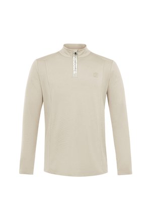 Bežinis ilgas rankovėmis puloveris su ketvirčio užtrauktuku, aukšta apykakle ir mažu logotipu kairiajame krūtinės pusėje.