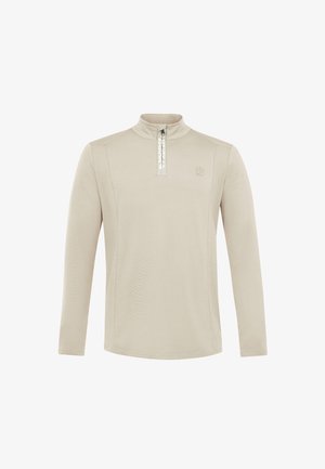 Bežinis ilgas rankovėmis puloveris su ketvirčio užtrauktuku, aukšta apykakle ir mažu logotipu kairiajame krūtinės pusėje.