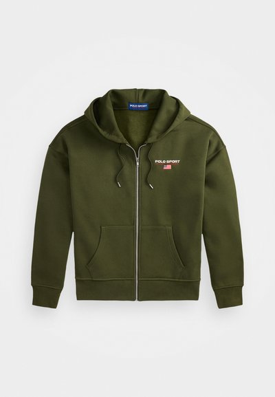 Olive green zip-up hoodie made of soft fabric, featuring a front pocket, drawstring hood, and "POLO SPORT" logo with an American flag detail.