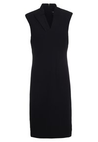 Robe noire sans manches avec un décolleté en V, dotée de coutures diagonales et d'une fermeture éclair au dos. Fabriquée dans un tissu lisse, elle présente une silhouette ajustée.