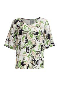 Kurzarm-Top mit V-Ausschnitt aus leichtem Stoff, das ein mehrfarbiges Blumenmuster in Grün, Schwarz und Beige auf weißem Hintergrund zeigt.