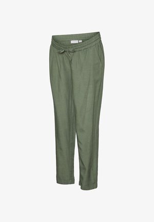 Pantaloni leggeri di colore verde oliva con vestibilità comoda. Presentano una cintura elastica con coulisse, orli risvoltati e tasche laterali.