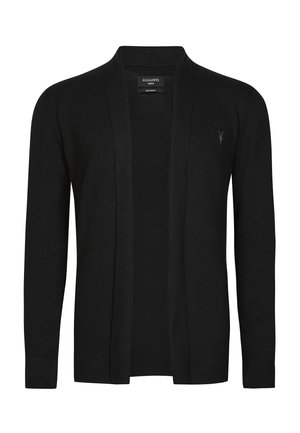 Black cardigan with an open front design, long sleeves, ribbed cuffs, and a subtle logo detail. Made from soft, textured knit fabric.