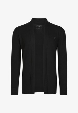 Black cardigan with an open front design, long sleeves, ribbed cuffs, and a subtle logo detail. Made from soft, textured knit fabric.