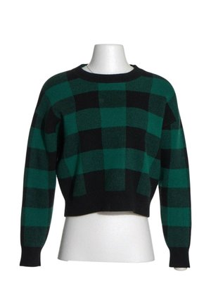 Green and black checkered long-sleeve cropped sweater on a white mannequin torso with a crew neckline.