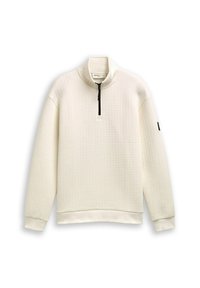 Witte ritssluiting pullover van textuurstof, met een staande kraag en zwarte ritssluiting. Ribgebreide manchetten en zoom accentueren het ontwerp.