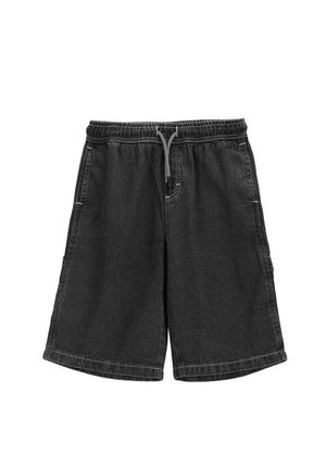 Czarne szorty z denimu z elastycznym pasem i sznurkiem do wiązania, bocznymi i tylnymi kieszeniami oraz luźnym fasonem sięgającym do kolan.
