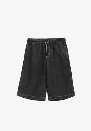 Czarne szorty z denimu z elastycznym pasem i sznurkiem do wiązania, bocznymi i tylnymi kieszeniami oraz luźnym fasonem sięgającym do kolan.