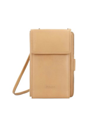 Beige leather crossbody bag with a flap closure, featuring stitched edges and a subtle embossed logo. Compact rectangular design.