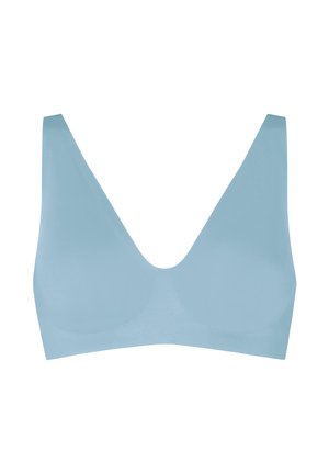 Soutien-gorge sans fil bleu clair sans couture avec larges bretelles et décolleté en V profond.