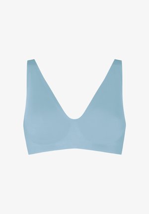 Soutien-gorge sans fil bleu clair sans couture avec larges bretelles et décolleté en V profond.