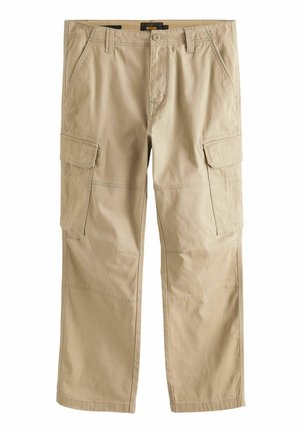 Beige cargo pants made of lightweight fabric, feature two side pockets and two thigh pockets, with straight legs and stitched detailing.