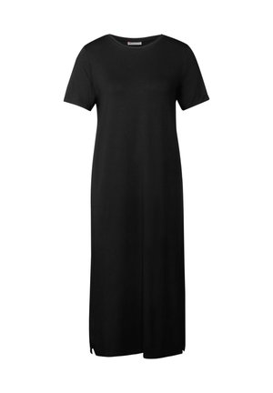 Robe maxi noir en tissu doux, avec des manches courtes, un col rond et des fentes sur les côtés hem pour plus de liberté de mouvement.