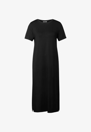 Robe maxi noir en tissu doux, avec des manches courtes, un col rond et des fentes sur les côtés hem pour plus de liberté de mouvement.