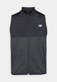 Sleeveless black and dark gray zip-up vest with two side zip pockets and white New Balance logo on left chest.