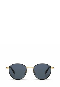 Lunettes de soleil rondes avec verres sombres, fine monture en métal noir et accents dorés sur le pont et les branches. Verres à texture lisse.