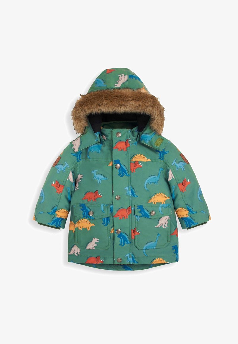 Žalias paminkštintas švarkas su įvairiais spalvingais dinozaurų raštais, kailiniu pamušalu kapučinu, spaustukais ir dviem priekinėmis kišenėmis.