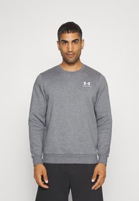 Grauer Pullover aus weichem Material mit Rundhalsausschnitt, langen Ärmeln, ribbelten Bündchen und einem kleinen weißen Logo auf der Brust.