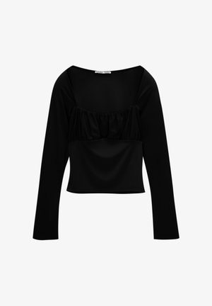 Schwarzes Langarmoberteil mit quadratischem Ausschnitt, mit gerafftem Vorderteil und glattem Stoff. Kurz geschnittenes Design mit eng anliegenden Ärmeln.