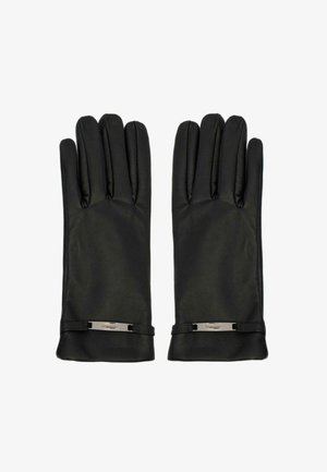 Czarne skórzane rękawiczki o gładkiej fakturze, z eleganckim designem i metalowym akcentem na nadgarstku dla dodatkowego detalu.