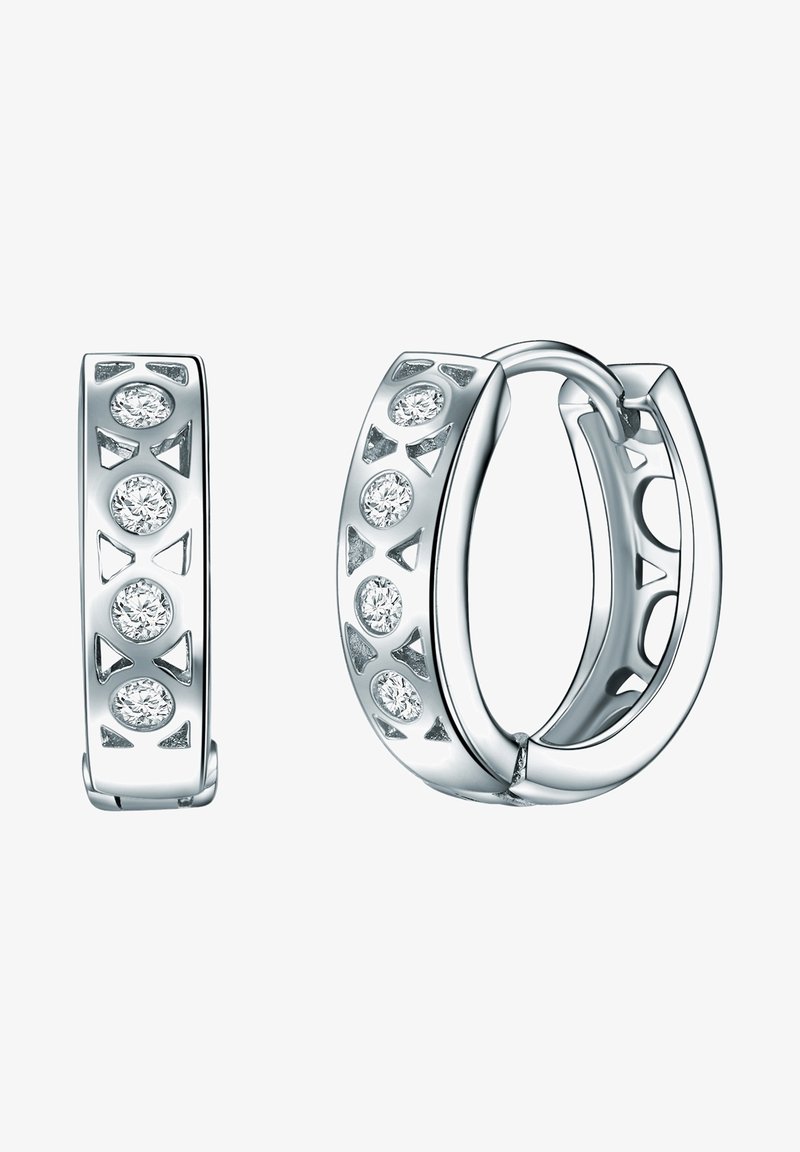 Srebrni uhani v obliki obroča z petimi okroglimi prozornimi kamni, ki imajo izrezljane trikotne vzorce ob straneh, polirana površina in zaponka s tečajem.