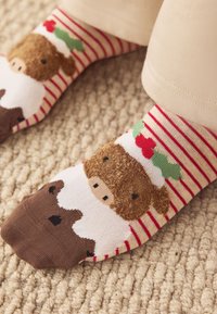 Socken aus einer Baumwollmischung mit gestreiftem Muster in Rot und Beige, versehen mit einem Bärengesicht und Stechpalmenakzenten. Die Farben Braun und Weiß dominieren.