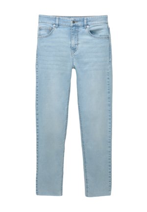 Hellblaue Jeans aus Denim mit geradem Schnitt, ausgestattet mit fünf Taschen, einem frontalen Knopfverschluss und subtilen Ausbleichungen im Stoff.
