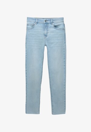 Lichtblauwe denim jeans met een rechte snit, voorzien van vijf zakken, een sluiting met een knoop aan de voorkant en subtiele vervaging over de stof.