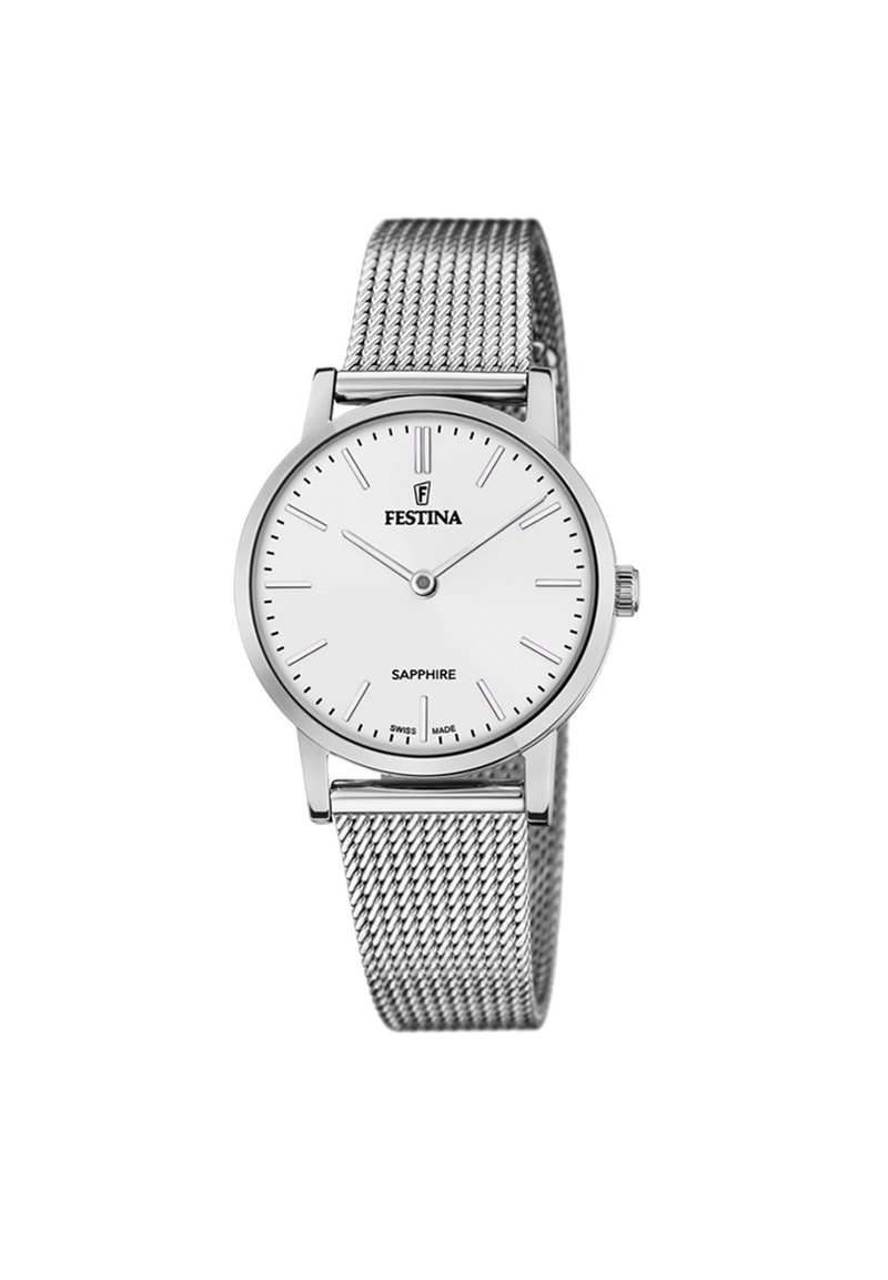 Orologio con cinturino in maglia argentata e quadrante bianco, caratterizzato da indicatori delle ore minimalisti, un vetro zaffiro e una cassa in acciaio inossidabile.