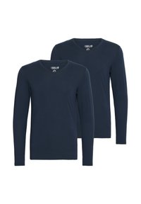 Marineblaue Langarm-T-Shirts mit V-Ausschnitt, aus weichem Stoff hergestellt. Sie verfügen über eine schlichte Struktur ohne Muster oder Akzente. Zwei Stücke enthalten.