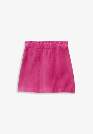 Roze corduroy rok met verticale ribbels, elastische tailleband en A-lijn vorm. Gladde textuur en een eenvoudige zoomafwerking.